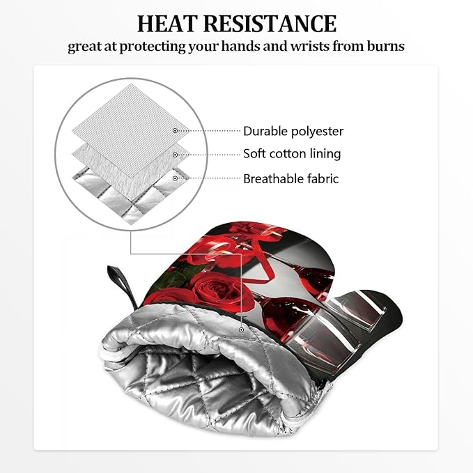 Red Wine Rose Candle Oven Mitts and Pot Holders Sets of 4 Silicone Oven Mitts Gloves Heat Resistant Non-Slip Grip Kitchen Mittens Potholders for Cooking Baking Grilling BBQ (Red)