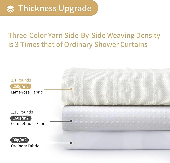 Lameirose Extra Long White Shower Curtain Boho, Cotton Blend Waffle Weave Stripe Textured Shower Curtain, Fabric Shower Curtains for Bathroom, Hotel,72 x 78