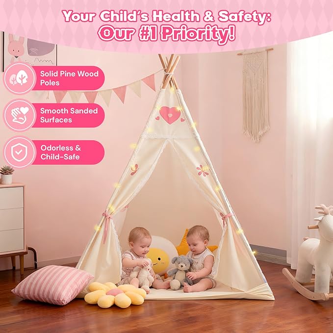 Duwenem Teepee Tent for Kids, Play Tent with Padded Mat & Star Lights, Indoor Play Tent for Girls & Boys, Pink Unicorn