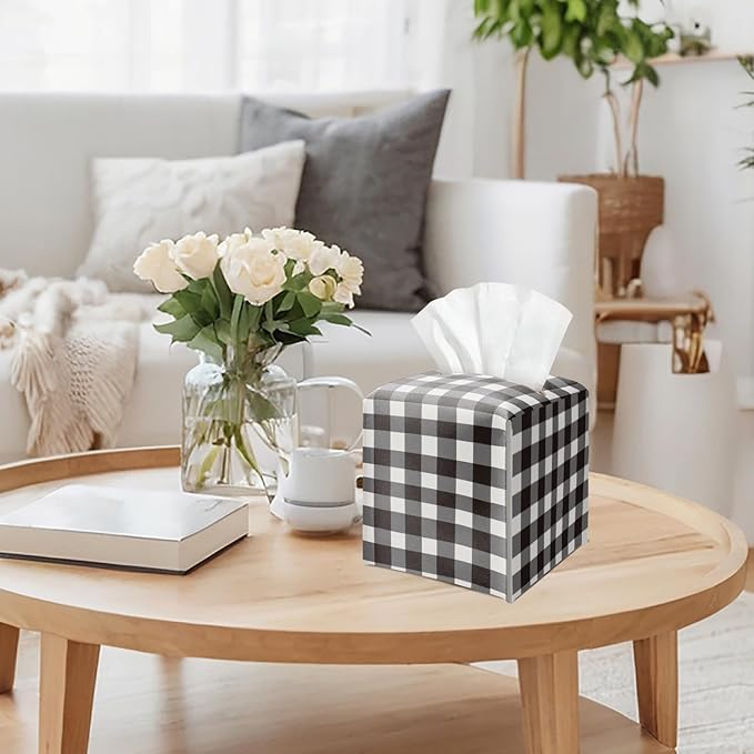 Black and White Buffalo Plaid Tissue Box Cover Square, Leather Tissue Holder with Bottom Belt, for Nightstands Desks Office Bathroom Car Vanity Home Decor Supplies -009