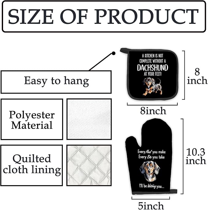 Dachshund Gifts Dog Oven Mitts and Pot Holders Sets, Weiner Dog Gifts Kitchen Accessories Sets, Complete Without a Dachshund Dog Black Heat Resistant Oven Glove Potholder for Kitchen Baking