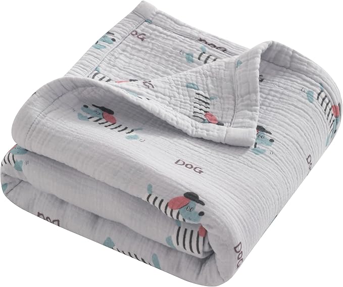 NTBAY 4 Layer Muslin Cotton Toddler Blanket, 42x60 Soft and Breathable Receiving for Newborns and Infants, Perfect for Crib, Stroller, Travel, Lightweight Nursery Blanket, Striped Dog