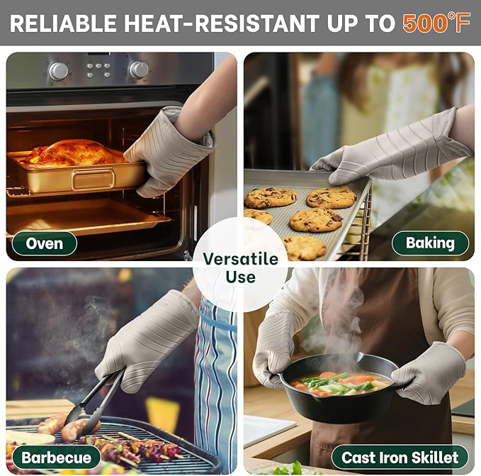 Beneno Heat Resistant Silicone Oven Mitts BPA-Free, Non-Slip Textured Grip & Quilted Cotton Lining, Waterproof Kitchen Mitt 2-Pack Set, 7"x13", Beige