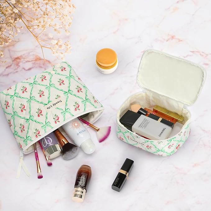 HAOGUAGUA 2 Pieces Makeup Bag, Small Large Quilted Cosmetic Bag, Travel Floral Make Up Toiletry Organizer Bag for Women Girls (2PCS STYLE B-2)