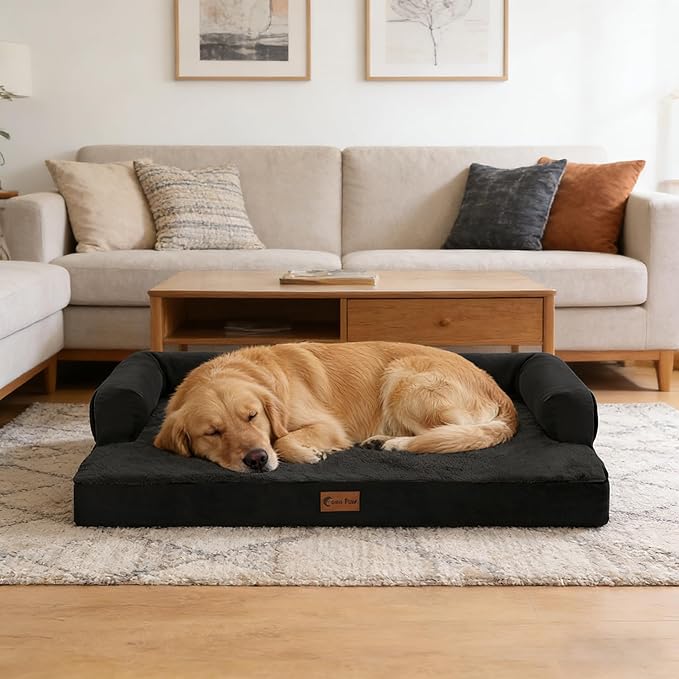 Casa Paw Orthopedic Dog Beds for Large Sized Dogs, Waterproof Egg Crate Foam Large Dog Couch Beds with Comfy Bolster 36x27Inch, Washable Pet Beds with Removable Cover and Nonskid Bottom, Black