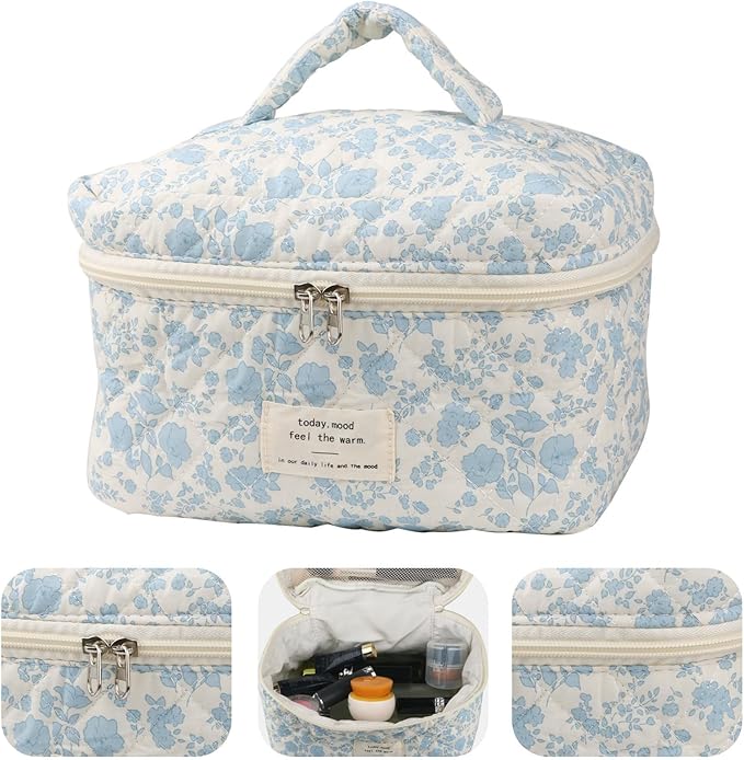 Fcteap Makeup Bag Travel Essentials Quilted Cosmetic Toiletry Pouch Organizer Insert for Women Dorm Room Essential Gift Large Capacity Opening Lightweight Cute Aesthetic Portable 2PCS (Floral)