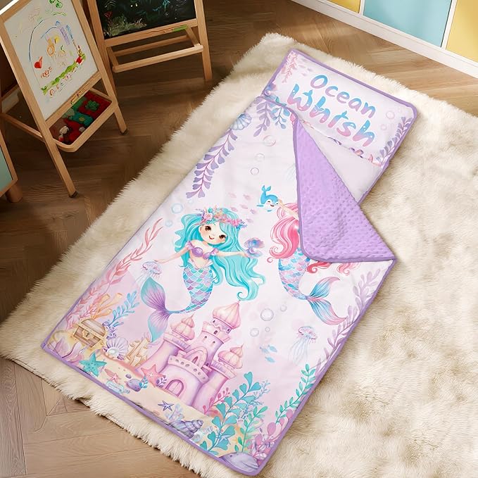Toddler Nap Mat Kids Sleeping Bag 59"×24", Soft Slumber Bag with Removable Pillow and Blanket for Kids Girls Boys,Roll Up Sleeping Mat Thick for Camping,Daycare, Kindergarden