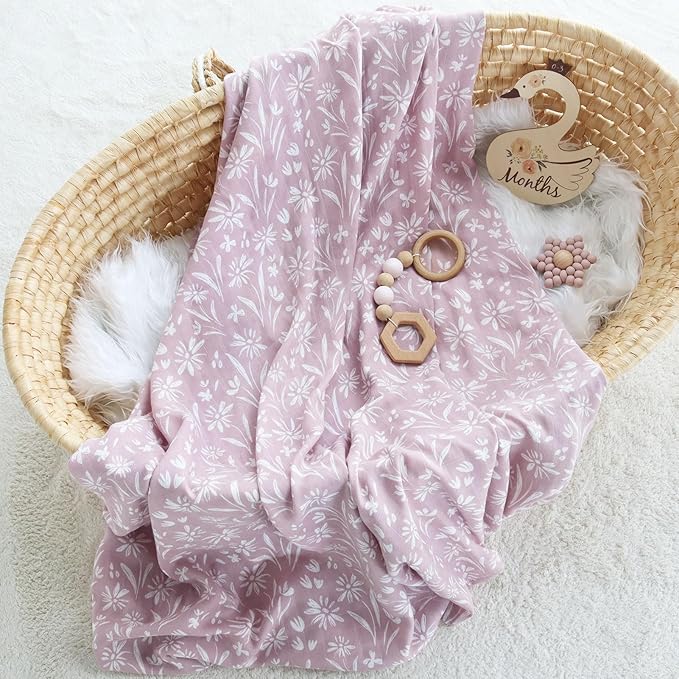 LifeTree Baby Swaddle Blanket and Bow Set, Mauve Floral Muslin Newborn Swaddle Set with Matching Headband Bow, Infant Receiving Blanket Wrap, 47 x 47 inches, 70% Viscose from Bamboo and 30% Cotton