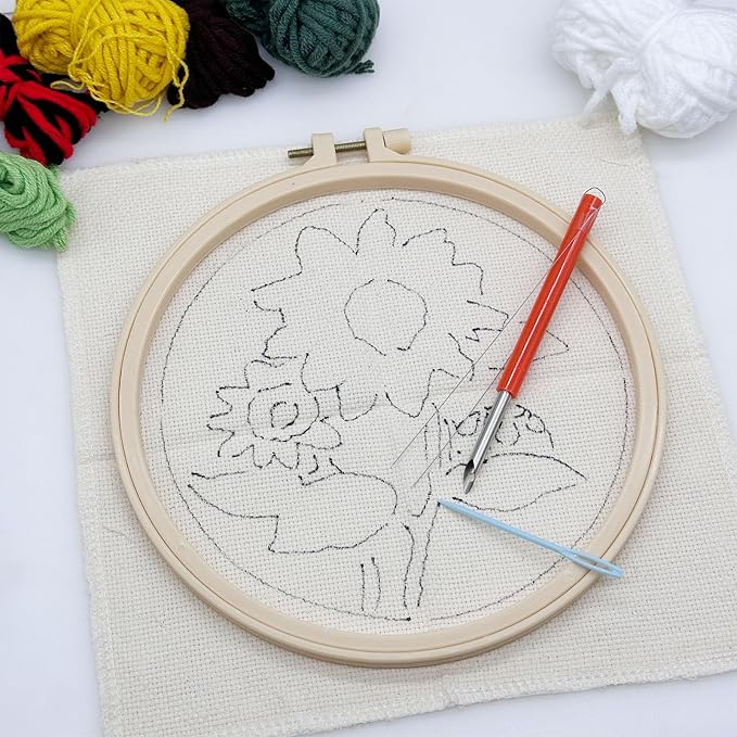 Allazone 3 Set Punch Needle Embroidery Kits, Punch Needle Kits for Adults Beginner with Sunflower Pattern, Instruction, Plastic Hoop, Yarn and Embroidery Handle Needle Pen
