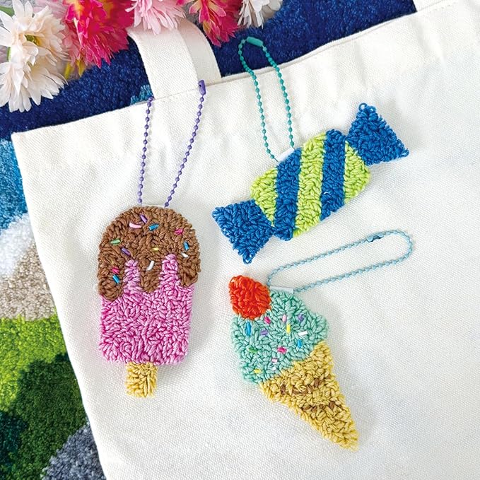 HAND U JOURNEY 3Pcs Embroidery Punch Needle Bachpack Charm Kit, Original Design with 2.2mm Punch Tool, Threads and Hoop. Random Color Chain (Icecream)