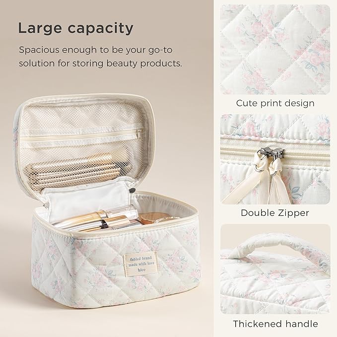 HBselect Christmas Gifts Large Quilted Makeup Bag, Cute Cotton Travel Makeup Bag with Handle, Portable Coquette Floral Make up Bags, Toiletry Organizer Make up Bags for Women Teen Girls Mom