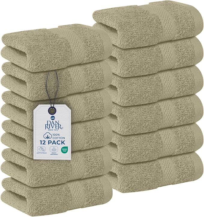 DAN RIVER 12-Pack Premium 100% Cotton Beige Face Towels for Bathroom - Reusable Face Wash Cloths for Showering 12x12 Inches - 550 GSM Super Soft & Absorbent Luxury WashCloths for Body, Spa & Gym