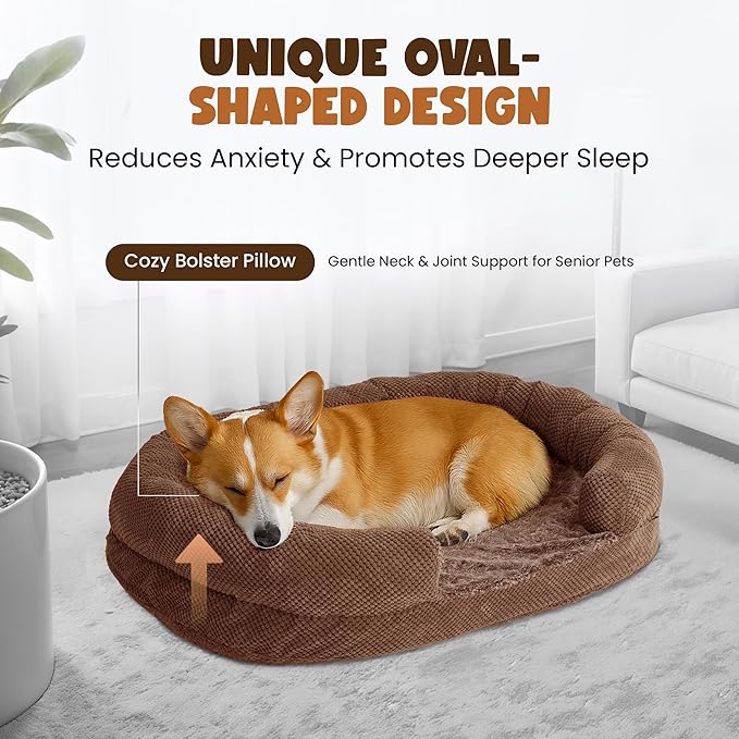Miorun Anti-Anxiety Dog Bed for Medium Dogs, Cozy Round Egg Crate Foam Sofa with Washable Removable Cover & Bolstered Sides, Comfortable Pet Chair or Crate Bed,Camel (35")