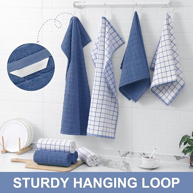 Homaxy Premium Cotton Kitchen Towels 16"x 28", Large Natural Ring Spun 390 GSM Dish Towels, Super Absorbent Terry Kitchen Hand Towels, Soft Tea Towels with Hanging Loop, Navy Blue Check Design, 8 Pack