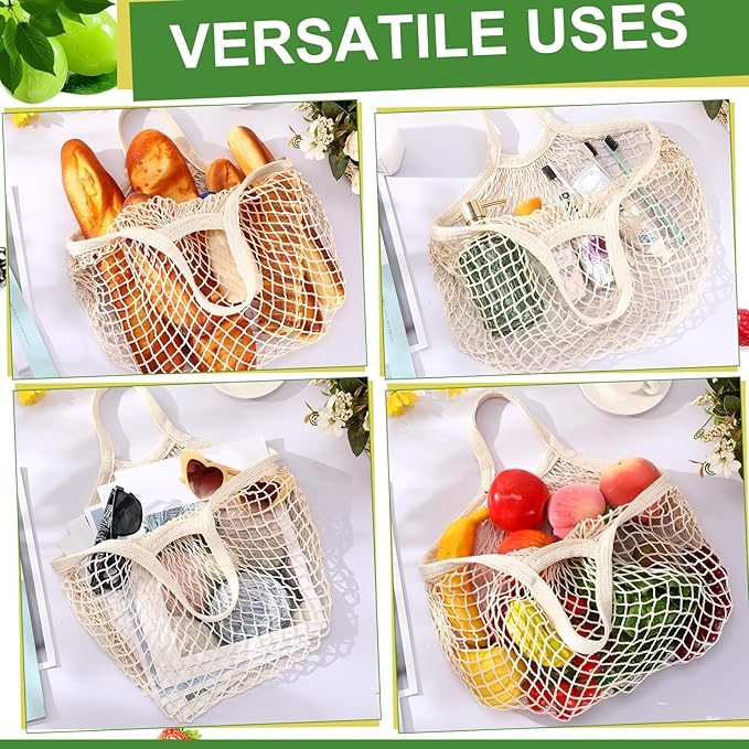 Paterr 50 Pack Cotton Mesh Produce Bags Bulk Reusable Market Bag Washable Net Grocery Purse String Shopping Tote Beach Organizer for Vegetable Fruit Picnic Food Storage (Short Handle,Beige)