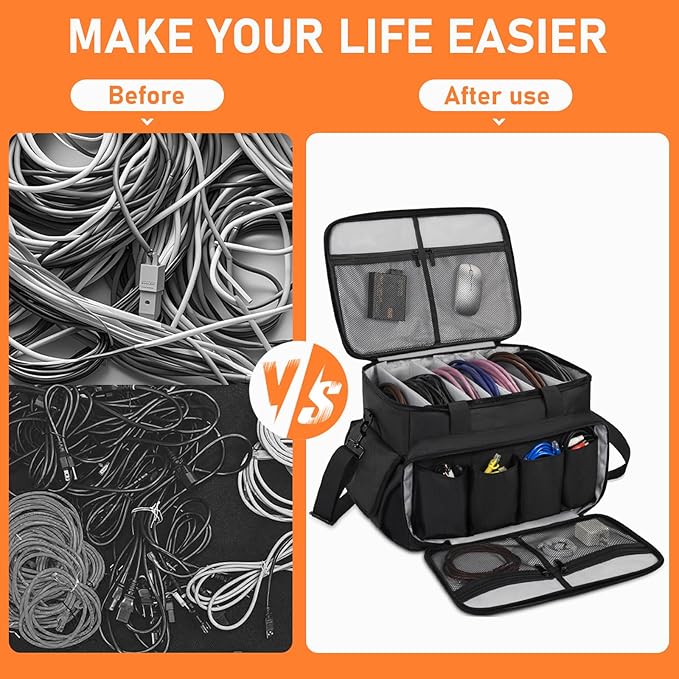 IBVIVIC Cable File Bag With Adjustable Dividers Dj Gig Bag for Cables, Cords,DJ Gear,Sound Instrument and Accessories 16L x 11W x 12H inch, Grey