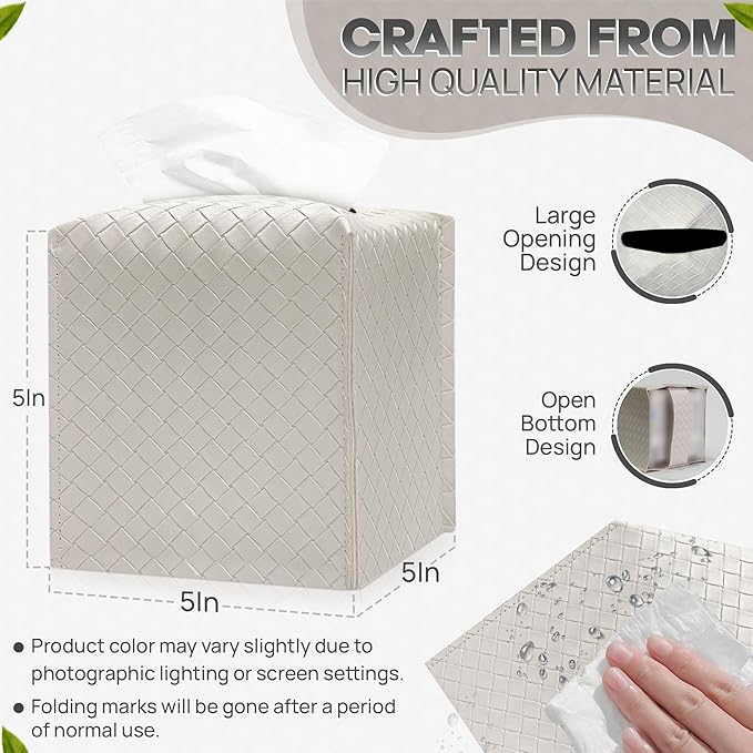 Tissue Box Cover Holder, PU Leather Tissue Box Cover with Braided Pattern, Square Tissue Holder with Bottom Belt, Modern Organizer for Bathroom, Car, Office, Tabletop(Pearl White,12 Braided Patterns)