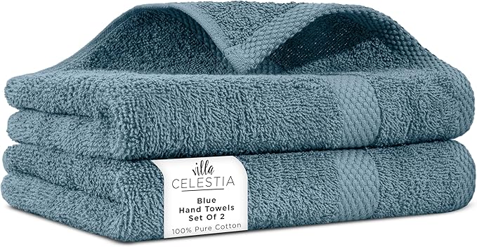Villa Celestia 100% Cotton Hand Towel Set of 2, (16 x 28 inches) Sustainable, Soft, Highly Absorbent, Quick Drying, Combed Cotton Hand Towels Pack of 2 Ideal for Hotels, Spa, Bathroom, Dorm, Blue