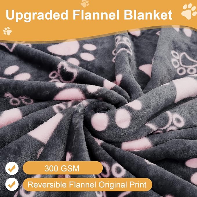 Gowyeg Upgraded Dog Blankets for Large Dogs, Cat Flannel Blankets Washable, with Premium 300GSM Soft Pet Throw Cover for Kennel Crate Bed, Cute Paw Pattern,50x60 inch,Grey & Pink.