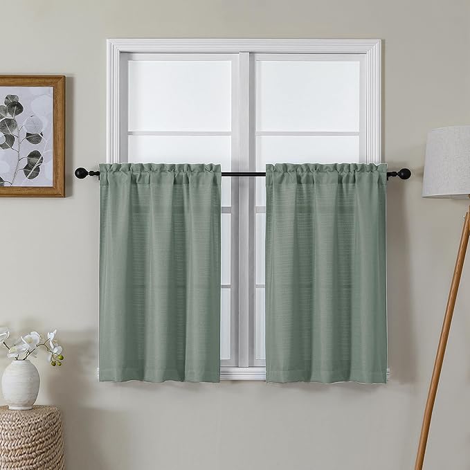 Lecloud Bessie Sage Green Kitchen Curtains 30 Inch Length 2 Pcs, Faux Linen Textured Light Filtering Short Tiers, Soft Breathable Rod Pocket for Cafe Bedroom Bathroom Basement, Each 30" W x 30" L