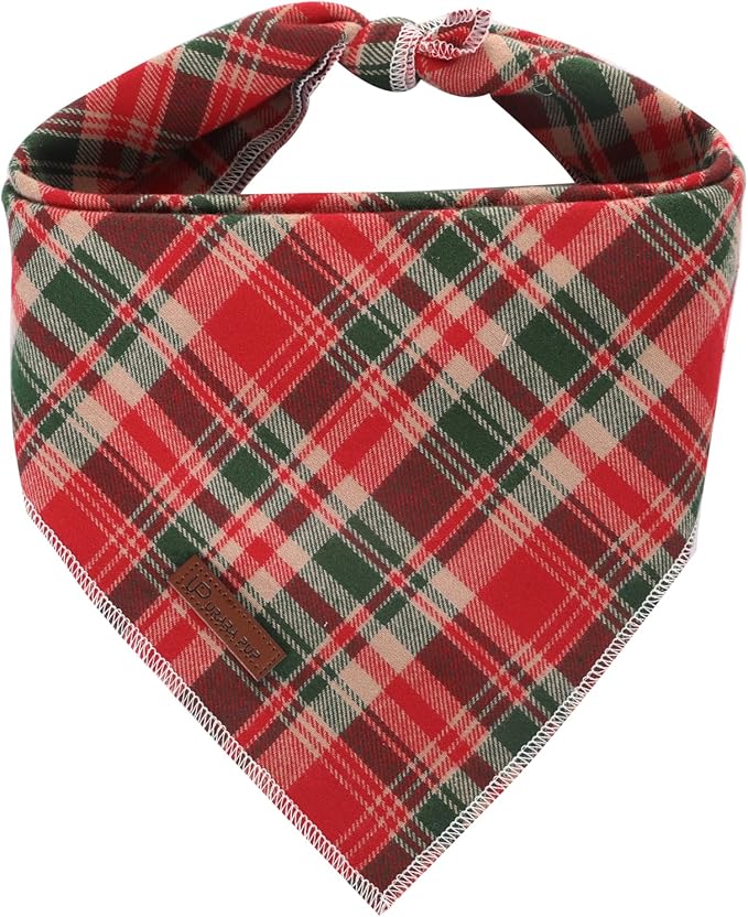 UP URARA PUP Christmas Plaid Dog Bandana–Red and Green Checked Triangle Scarf for Small Medium Large Dogs, Soft Cotton Pet Bib for Winter & New Year, Adjustable Dog Kerchief