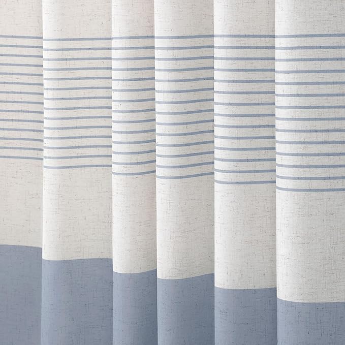 XOGUIBO Light Blue Shower Curtain Linen Coastal Ocean Striped Shower Curtains for Bathroom with Tassel 72 X 72