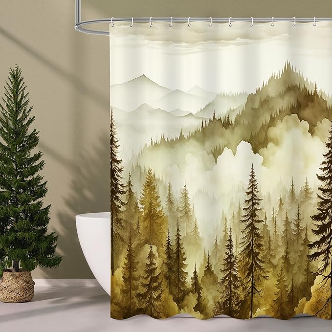 Litabel Yellow Long Misty Pine Forest Shower Curtain 72 x 78, Mountain Foggy Woodland Scenery Tree 78 Inch Long Shower Curtains for Bathroom, Abstract Waterproof Nature-Themed Decor