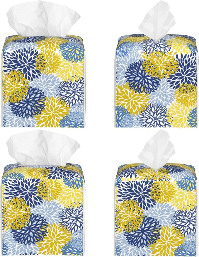 POIUBLE Yellow and Navy Chrysanthemum Flower Tissue Box Cover Leather Tissue Box Holder Square Facial Paper Organizer Dispenser for Bathroom Kitchen Bedroom Vanity Countertop Night Stands