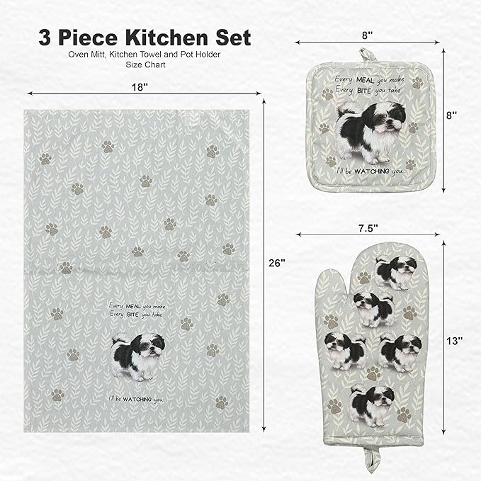 Shih Tzu 3-Piece Kitchen Set - Oven Mitt, Pot Holder & Kitchen Towel Set, Heat Resistant up to 420 F, Soft Quilted Cotton for Cooking, Baking, BBQ, Pet Lover Gifts (Shih Tzu Black)