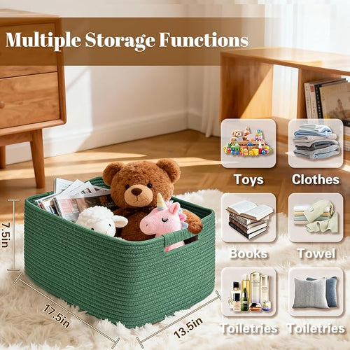 2 Pack Large Storage Basket for Organizing, 17.5"x13.5"x7.5" Woven Basket for Shelves, Closet Cube Storage Bins with Wrapped Handle, Cotton Rope Baskets for Kitchen, Clothes, Toys(Green)