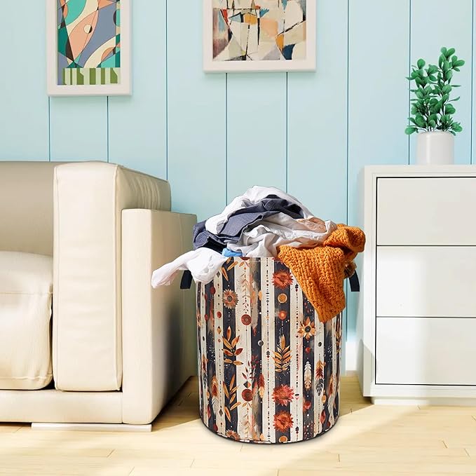 Beautiful Flowers Print Laundry Basket Boho Floral Oxford Cloth Laundry Hamper With Handle Foldable Portable Clothes Storage Basket 18.9 X 16.5 Inch Storage Bag For Laundry Room/Bathroom/Bedroom