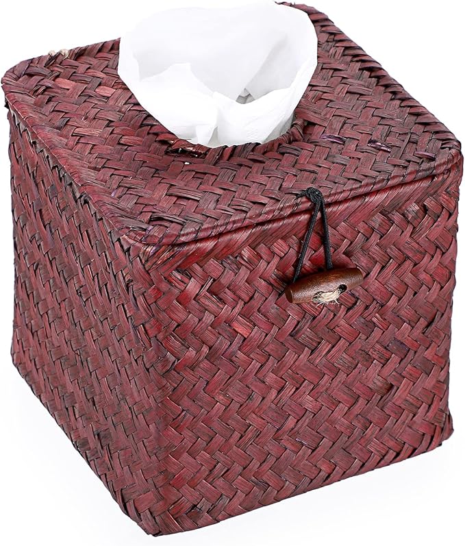Sumnacon Tissue Box Cover Square Seagrass Tissue Box with Lid, Woven Tissue Box Holder Rustic Cube Tissue Cover for Bathroom Toilet Bedroom Living Room Kitchen Table Desk Office Car, Red Brown
