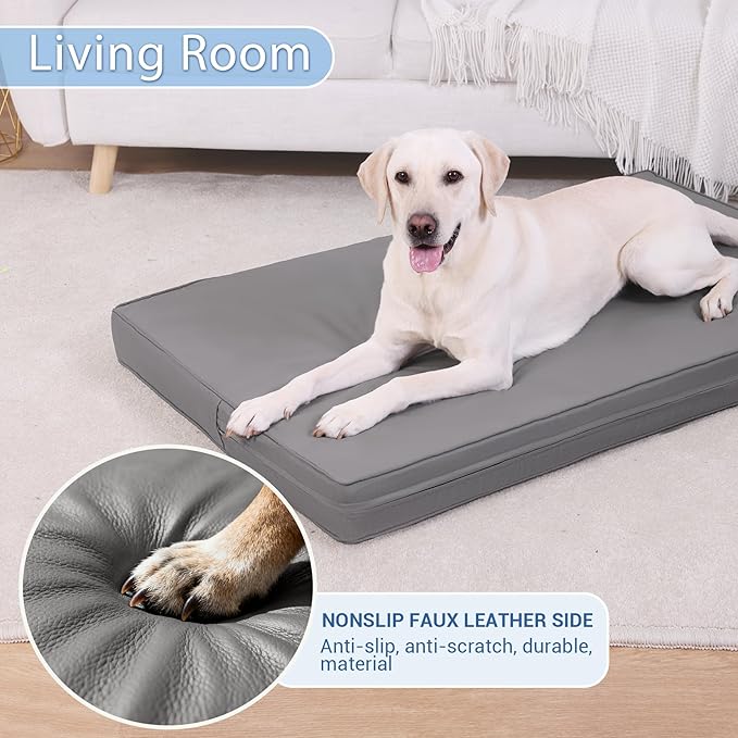 Vonabem XXL Dog Bed Waterproof Extra Large Crate Pad 48 Inch Washable with Removable Cover Reversible, Outdoor Foam Orthopedic Dogs Beds, Durable Leather Pet Anti-Slip Kennel Pads 47"x29" Grey