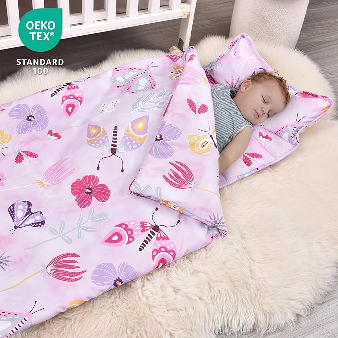 david's kids Toddler Nap Mat Set with Removable Pillow, Ultra Soft Slumber Bags for Girls，Perfect for Preschool, Daycare, Kids Sleeping Bags with Rollup Design, 50"x20", Butterfly