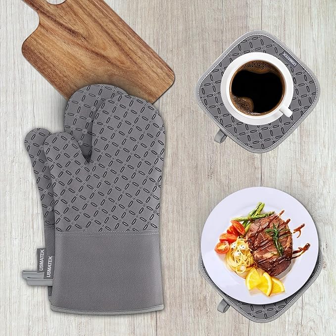 Oven Mitts and Pot Holders Set – 6 PCS Heat Resistant to 500°F, Extra Long Silicone Oven Gloves & Potholders with Non-Slip Grip, Quilted Cotton Lining, Washable, for Cooking, Baking, BBQ (Grey)