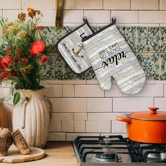 Lake House Gifts Oven Mitts and Pot Holders Sets, Lake Lovers House Kitchen Accessories Sets,Rustic Relax You’re on Lake Time Heat Resistant Oven Glove Potholders for Kitchen Cooking Baking BBQ