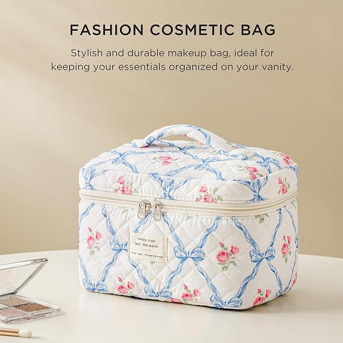 HBselect Christmas Gifts Large Quilted Makeup Bag, Cute Cotton Travel Makeup Bag with Handle, Portable Coquette Floral Make up Bags, Toiletry Organizer Make up Bags for Women Teen Girls Mom