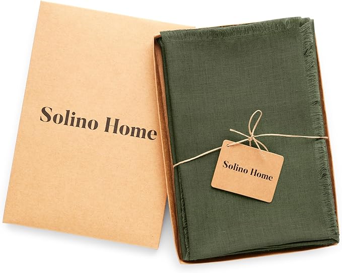 Solino Home Fringe Linen Cloth Napkins Set of 4-100% Pure Linen Desert Green Dinner Napkins 20 x 20 Inch for Winter, St Patricks Day - Handcrafted and Machine Washable