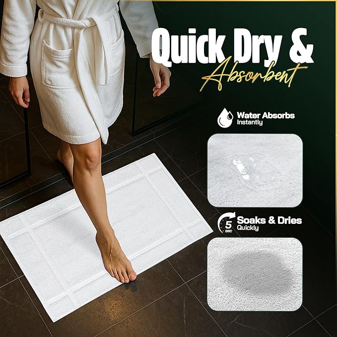 Pearl Linens Pack of 2 100% Cotton Bath Mat 18x25 inches, Soft & Absorbent Quick Dry Bathroom Mat Set, Not Bathroom Rugs, After Shower Mat, Bath Tub Mat, 687 GSM, Machine Washable, White