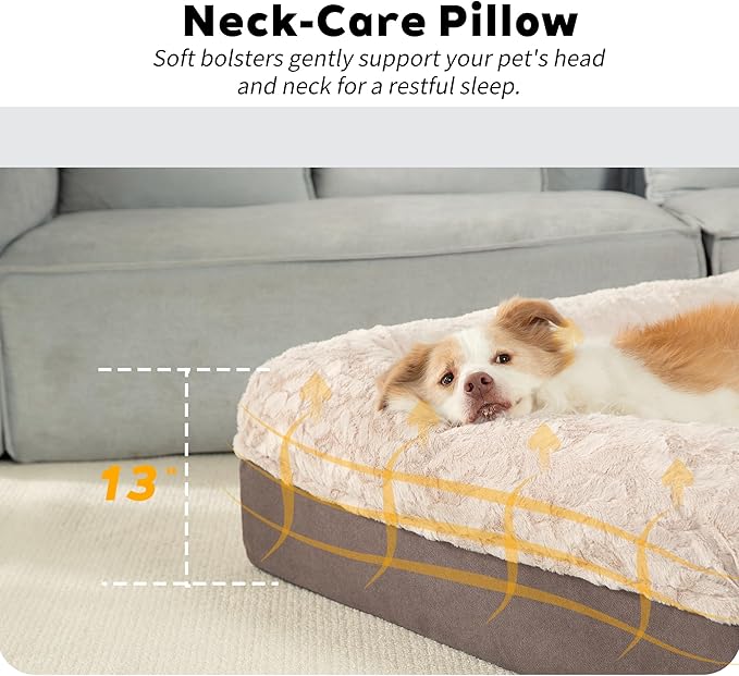 PetFun Memory Foam XL Dog Bed for XLarge Sized, Extra Large Orthopedic Dog Sofa with Sides and Waterproof Liner, Washable Bolster Pet Bed Couch with Removable Cover, 50x38x13 Inch, Khaki