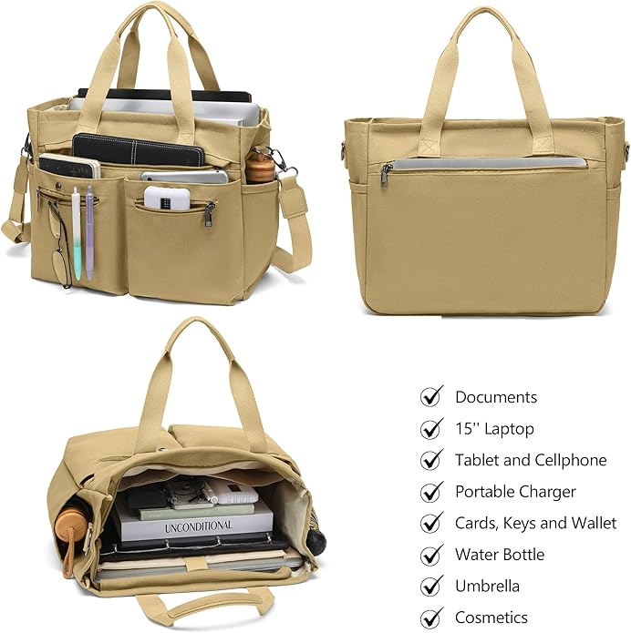 Women's Large Canvas Tote Bag Set (2PCs) - Ideal for Laptop, Hobo, Crossbody, Handbag, Travel, Gym & Work