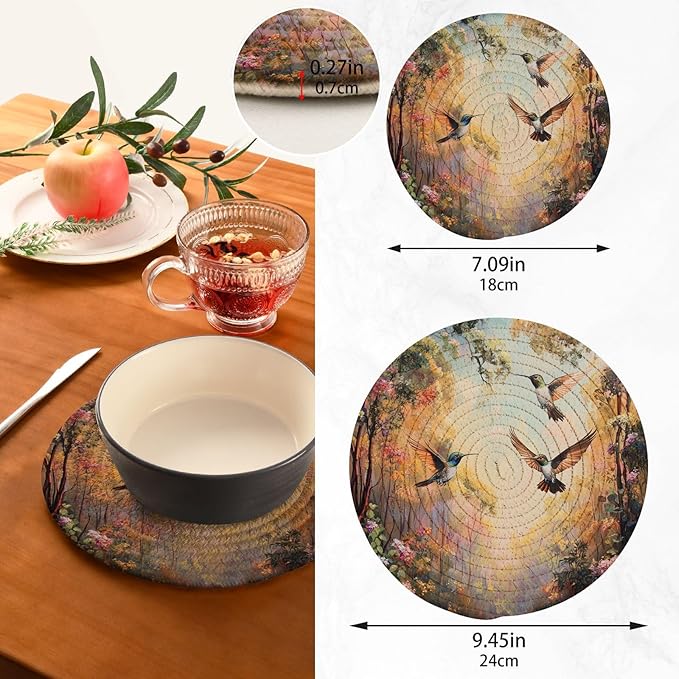 Forest Flowers and Hummingbird Trivets for Hot Dishes Pots and Pans Potholders Woven Trivet Cotton Round Large Pot Holder Decor Heat Resistant Hot Pads Mat for Table Counter Cooking Potholder S