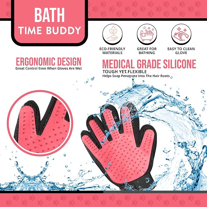 HappiTails Pet Grooming Gloves – 1 Pair – Deshedding & Bath Massage Mitts for Dogs & Cats – Choose from 5 Colors – Adjustable, Reusable & Easy to Clean (Pink)