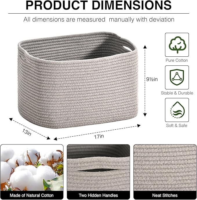 ICERZCZ Woven Cotton Rope Storage Basket for Organizing, Cute Decorative Baskets for Gifts Empty, Organizer Bins for Dog Toy, Baby Laundry, 17“×13”×9.5“, Light Grey