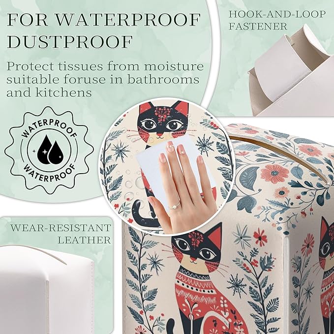 Cat Tissue Box Holder, Nordic Cat Leather Tissue Box Cover Square, Paper Napkins Everyday Dispenser Accessories for Bathroom Vanity Countertop Night Stands Kitchen Office Car Home Decor