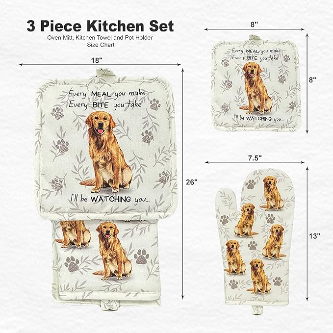 Golden Retriever 3-Piece Kitchen Set - Oven Mitt, Pot Holder & Kitchen Towel Set, Heat Resistant up to 420 F, Soft Quilted Cotton for Cooking, Baking, BBQ, Pet Lover Gifts (Golden Retriever)
