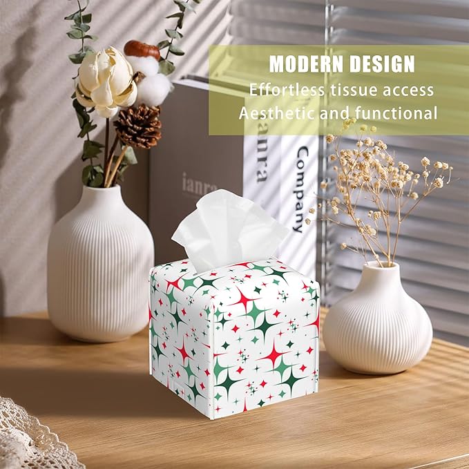 BLYKVGHQ Square Tissue Box Cover Retro Christmas Stars Tissue Box Holder Facial Cube Paper Dispenser Leather Decorative Organizer Home Office Desk Decor, 5.2"x5.2"x5.2"