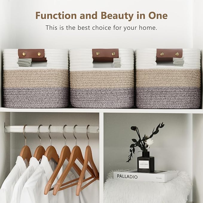 ECDYQXVU Cotton Rope Basket, Storage Baskets with Handle, 15x10x9 Inch Woven Basket for Shelves, Laundry, Towels, Clothes, Books, (Gradient Brown 2 Pack)
