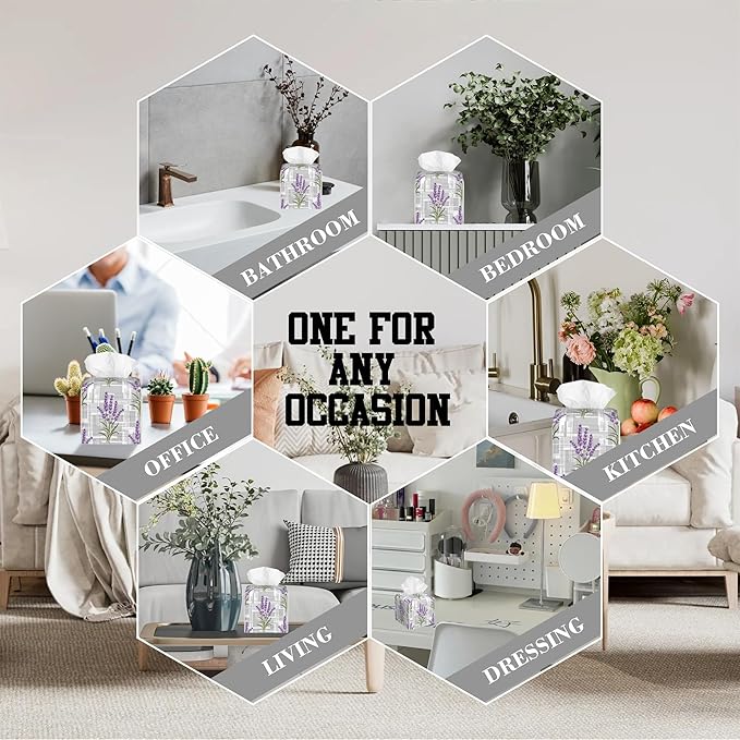 OHEGBXE Tissue Box Holder Geometric Lavender Flower Square Leather Tissue Box Cover Modern Cube Facial Paper Cover Case for Bathroom Vanity Countertop Night Stands Tabletop