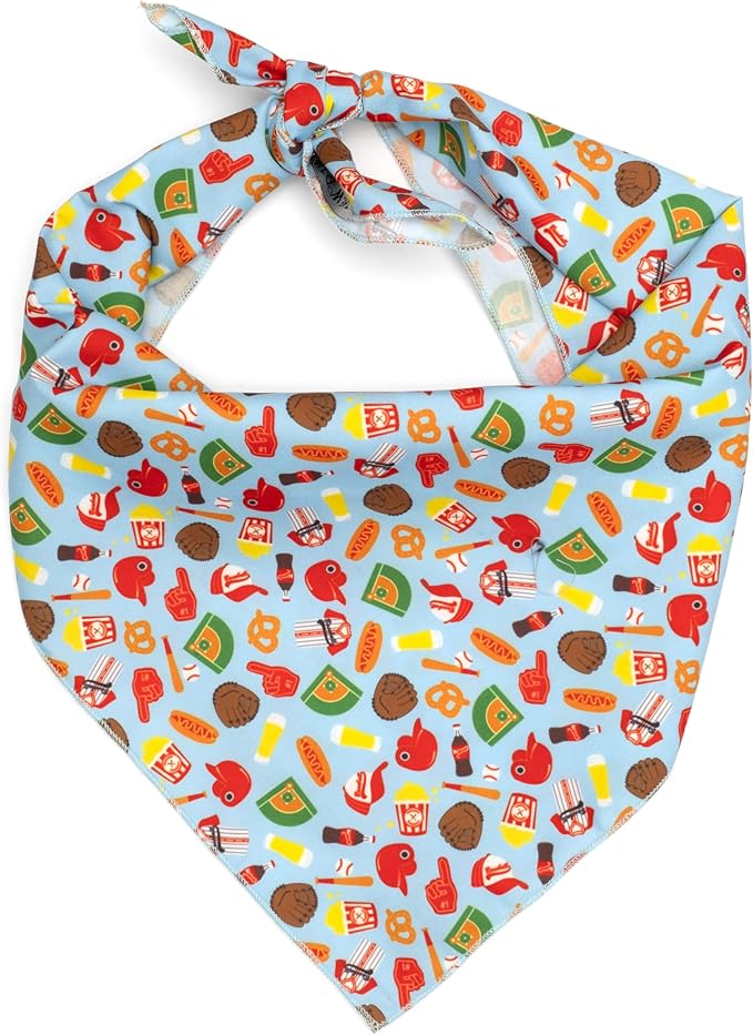 THE WORTHY DOG Classic Tie-Un Dog Bandana – Soft Cotton Flannel Square Pet Bandana, Home Run Pattern, Blue, Large